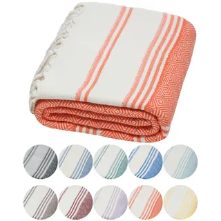 DEMMEX Strandtuch, Badetuch, 100% zertifizierte türkische Bio-Baumwolle, Pestemal, Hamamtuch, Saunatuch, Stranddecke, übergroß schnell trocknend sandfrei kompakt – vorgewaschen, 180x90cm, Koralle