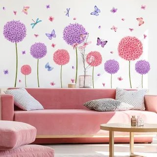 Groß Wandtattoo Löwenzahn Wandaufkleber Lila Blumen Schmetterlinge Pflanzen Wandsticker Pusteblume für Wohnzimmer Schlafzimmer Büros Sofa Hintergrund Hause Flur Wanddekoration