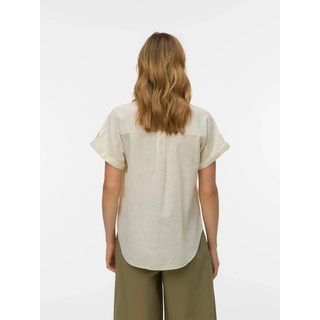 Kurzarmbluse VERO MODA "VMTHILDE SS SHIRT WVN NOOS", Damen, Gr. L, silber lining checks:snow weiß, Web, Obermaterial: 100% Baumwolle, unifarben, normal, V-Ausschnitt, Blusen Kurzarmbluse, Baumwolle, Kurzarm mit Riegel, hinten etwas länger als vorn