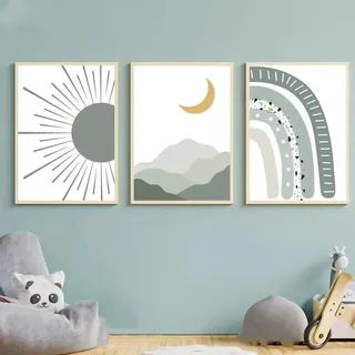 Herfair 3er Set Poster Kinderzimmer, Grün Regenbogen Sonne Bilder, Wandbilder Bilder Boho Babyzimmer Deko Wandposter für Kinder Junge Mädchen, Ohne Rahmen (21x30cm)