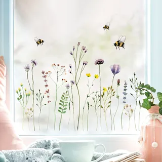 Wandtattoo Loft Fensterbild Frühling Ostern Wildgras Gräser Blumenwiese mit Hummeln, Fensterdekoration, 2. A3 Bogen