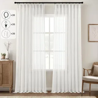MIULEE Gardinen Vorhänge Leinenoptik Quetschfalten,Rückenschlaufen,Vorhange Halbtransparent,Haken Schienensystem,Voile Lichtfilterung Wohnzimmer Schlafzimmer 2er Set,132X245CM,Leinen Weiß