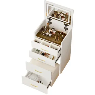 Stilvora Schminktisch in Weiß Frisiertisch mit Spiegel Glasplatte 3 Schubladen ,für Wohnzimmer, B60/T40/H118cm , Holzwerkstoff, Glas , Rechteckig,Rechteckig , 60x118x40 cm , Schlafzimmer, Schminktische
