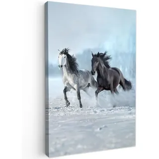MuchoWow Leinwandbild Pferde - Winter - Tiere - Natur - Schnee 80x120 cm , Anthrazit , Textil , Kiefer , Rechteckig , 80x120 cm , FSC 100% , gerahmt , Bilder & Rahmen, Bilder, Leinwandbilder