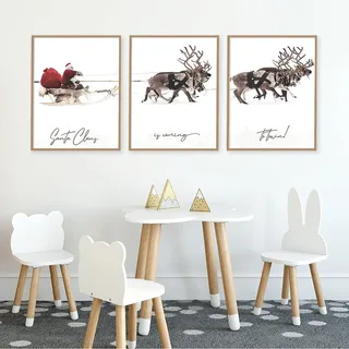 Trayosin 3er Weihnachten Premium Poster Set Moderne Kunstdrucke Weihnachtsmann Rentier mit Schlitten Art Bilder,Wandbilder Wohnzimmer Schlafzimmer,Deko Wandposter OHNE Rahmen (40x50cm)