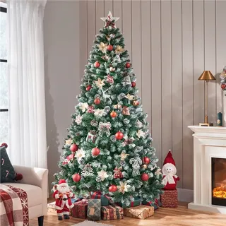 Yaheetech 228 cm künstlicher Weihnachtsbaum mit Schnee, 1346 Spitzen, schwer entflammbar, mit 82 Kiefernzapfen & Metallständer - Grün