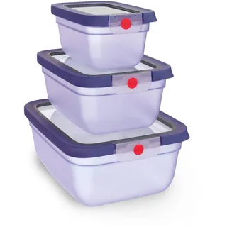 EMSA oneClick Frischhaltedosen, 0,75L, 1,5L, 3,0L, Lebensmittel 2 x länger frisch, 100% dicht, Made in Germany, platzsparendes Set, gefrier-, mikrowellen- und spülmaschinengeeignet, violett, N1231900