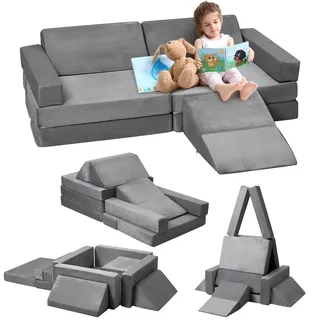 Kindersofa, 12 Stück, Sofa für Kinder mit Schaumstoffblöcken, dick, widerstandsfähig, mit verdecktem Reißverschluss, modulares Sofa, faltbar, Grau