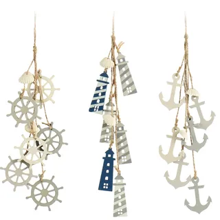 com-four® 3x Hängedeko Maritim - Dekoration zum Aufhängen - Steuerrad, Anker und Leuchtturm mit Muscheln - Hängedeko aus Holz - Grau, Weiß