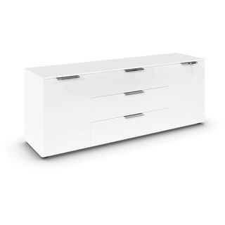 Rauch Möbel Flipp, Sideboard, TV-Schrank, Kommode mit Stauraum, Alpinweiß/Glasfront Weiß, 2-türig, Glastüren, 3 Schubkästen, Griffe chrom, 160x61x42cm