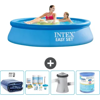 Intex runder aufblasbarer Easy Set-Pool – 244 x 61 cm – Blau – im Lieferumfang enthalten Sonnensegel - Wartungspaket - Filterpumpe für Schwimmbad - Filter - Blau