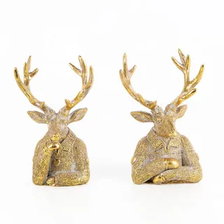 Hirsch-Figuren, 2 Stück: Weihnachtsfiguren Rentier Deko, Figur Weihnachten, Advent, Herbst & Winter, Dekofiguren Innen, Büste zum Hinstellen, Weihnachtsdeko Hirsche Gold, Winterfiguren Modern, 16 cm