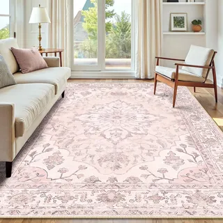 INOVADAY Vintage Waschbarer Teppich Wohnzimmer 150x210 cm Boho Kurzflor rutschfest Teppich Weich Teppiche mit Druckmuster für Schlafzimmer, Esszimmer, Büro Rosa