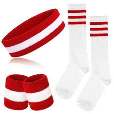 ONUPGO 5-teiliges gestreiftes Schweißband und Socken-Set, gestreiftes Stirnband, Schweißbänder, gestreifte hohe Socken für Männer, Frauen, Sport und 80er-Party (Red/White/Red)