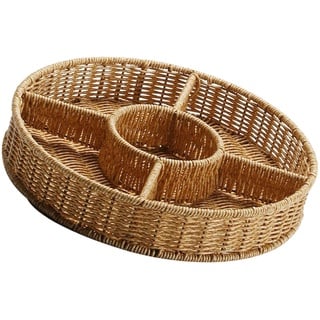 perfk Rundes, gewebtes Serviertablett, Snack-Tablett mit 5 Fächern, geflochtenes Tablett aus Rattan- für Küche, Badezimmer, Party, Esszimmer, helle Holzfarbe