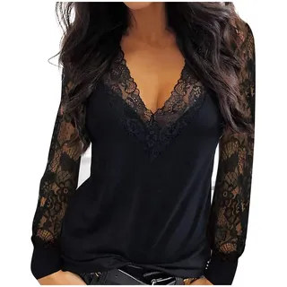 Spitzen Oberteile Damen ,V-Ausschnitt Bluse Elegant Sexy Mesh Stickerei Blumen Patchwork Langarm T Shirt Basic Tee Tunika Top Pullover Blusen & Tuniken für Frauen Lässiges Party Oberteil Spitzenbluse