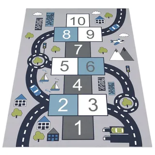 Paco Home Kinder-Teppich Für Kinderzimmer, Spiel-Teppich Mit Hüpfkästchen und Straßen, Grau, 160x220 cm