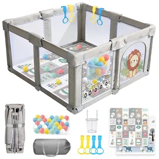 SPYLAVE Laufstall Baby Faltbar 130x130 mit Matratze, Tragbarer Laufgitter Baby aus 300D Oxford-Gewebe, 360° Atmungsaktives Netz & Rutschfestem Boden, Sicherer Babyspielplatz für Drinnen & Draußen