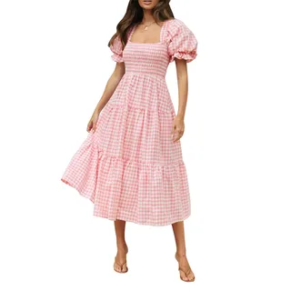 ZESICA Damen 2024 Bohemian Summer Plaid Square Neck Puffärmel Rüschen Flowy Beach Midi Kleid, Pink, XX-Large