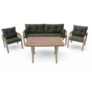 Hanah Home Hochwertige Gartenlounge-Garnitur, 100% Metall, Grün | 3-Sitzer-Sofa (200 x 58 x 78 cm), 2 Ohrensessel, pflegeleichter Stoff