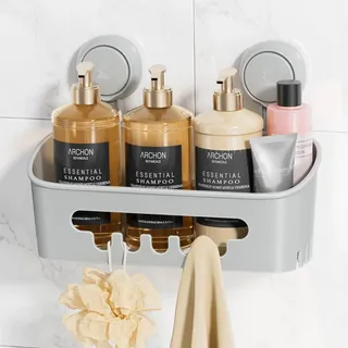 LEVERLOC Saugnapf Badregal Ohne Bohren Duschablage Saugnapf Max Hold 10 KG Bad Duschablage für Shampoo Conditioner Halter Duschkorb Kunststoff für Badezimmer Küche Organizer, Grau