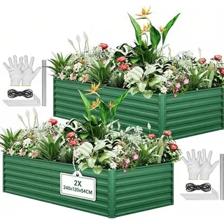 YITAHOME 2er-Set Hochbeet Metall 240x120x58cm, Hochbeete-Kit aus Verdicktem Zink-Aluminium-Magnesium-Edelstahl-Metall Hochbeete für Garten mit Stützstange & Handschuhe für Gemüse, Blumen (Grün)