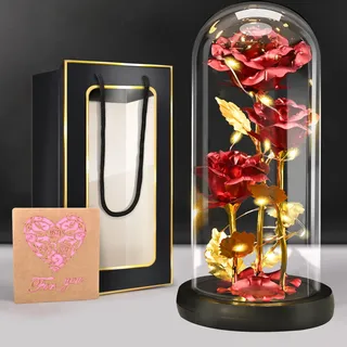 BoriYa Muttertagsgeschenke für Mama -Ewige Rose,Rosen Geschenk Muttertag,Infinity Rosen Geschenke für Frauen,Schöne und das Biest Rose mit LED Licht,Rot Sparkly Rose in Glaskuppel,Galaxy Rosen im Glas