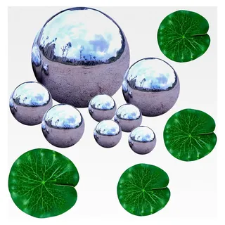 8er Set Edelstahl Schwimmkugeln mit 4 Lotusblättern - Ø 2-10cm Gartendekoration für Teich, Miniteich & Balkon - Wetterfeste Spiegelkugeln für den Außenbereich