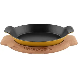 Sallys Gusseisen - Servierpfanne oval 18 x 24 cm - mit Echtholzuntersetzer - Mustard Yellow