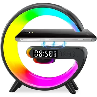 Nachttischlampe mit Wecker und Ladefunktion, 5W G Lampen mit Musik Dimmbar Atmosphärenlampe mit Ladefunktion LED Lampe Bluetooth Lautsprecher, Intelligente Tischlampe mit 10 Lichtfarbe (Schwarz)
