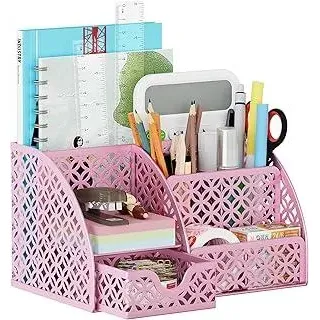 Schreibtisch Organizer, Metall Stifte Organizer mit Schublade, Multifunktionaler 6 Fächer Stiftehalter für Büro, Kinder, Schminktisch (Rosa)
