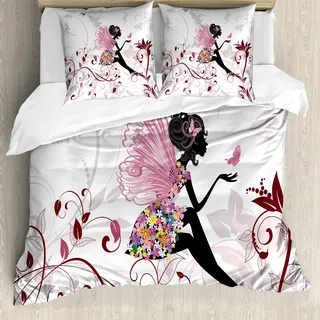 ABAKUHAUS Prinzessin Bettbezug, Blumen-Fee Schmetterlinge, Milbensicher Allergiker geeignet mit Kissenbezügen, 155 cm x 220 cm - 80 x 80 cm, Maroon Schwarz Rosa - Schwarz