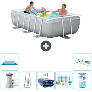 Intex Rechteckiges Prisma-Rahmen-Schwimmbecken – 300 x 175 x 80 cm – Grau – inklusive Pumpe – Leiter Sonnensegel - Wartungspaket - Filter - Bodenplane - Staubsauger - Grau