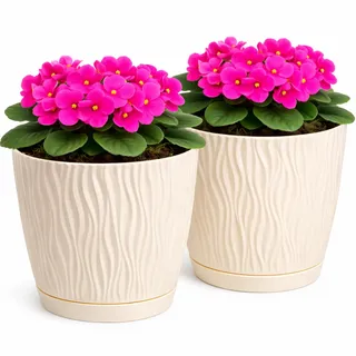 PECZEKO Matte Blumentöpfe - Deko Pflanztopf für Blumen & Kräuter - Langlebige & leichte runde Kunststoff-Pflanzentöpfe für Wohn- Esszimmer, Küche, Terrasse, Balkon - 2er-Set - (Beige, ø 19 cm)