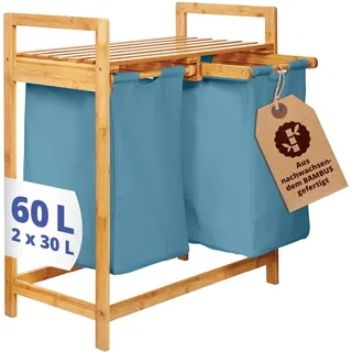 Lumaland Wäschekorb Bambus mit 2 ausziehbaren Wäschesäcken | Pflegeleichtes Material, unempfindlich gegen Nässe und leicht abwischbar | Höhe ca. 73cm x 64cm Breite x 33cm Tiefe [Blau]