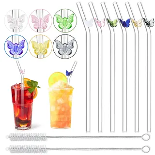 B-086 6Pcs Glas Strohhalme Wiederverwendbar Mit 2 Reinigungsbürsten - Klare Gebogene Glasstrohhalme Mit Bunten Schmetterlingen für Cocktails, Bubble Tea, Smoothies
