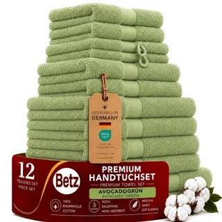 Betz Premium Handtuch-Set 12-teilig – 100% Baumwolle – Oeko-TEX® Zertifiziert – extra saugfähig & weich – hohe Grammatur – Duschtücher, Handtücher, Gästetücher & Waschhandschuhe - Farbe avocadogrün