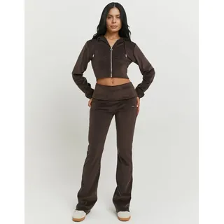 Samthose TALLY WEIJL "SPAPEVOLDY", Damen, Gr. 34, N-Gr, braun (chocolate nugget), Sweatware, Obermaterial: 94% Polyester, 6% Elasthan, unifarben, bootcut fit lang, Hosen Samthose, Materialmix, Bootcut, Mid Waist, aus Samt mit Bündchen zum Umschlagen