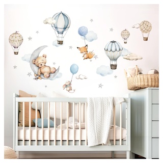 DEKO KINDERZIMMER Wandtattoo Heißluftballon & Bär Wandsticker für Babyzimmer Wandaufkleber Waldtiere Wanddeko Kinderzimmer Jungen DK1153-01