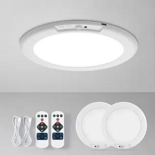 Leselux Deckenlampe mit Bewegungsmelder Innen, LED Akku Deckenleuchte ohne Stromanschluss, 3 Farbtemperaturen, Dimmbar mit Fernbedienung, Aufladbare Batterie Lampe für Treppe Balkon Garage, 2 Stück