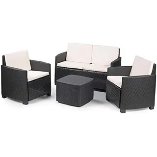 Dmora - Outdoor-Lounge-Set Catanzaro, Gartenkomposition mit 2 Sesseln, 1 Sofa und 1 Aufbewahrungstisch, Rattan-Effekt mit Kissen, 100 % Made in Italy, Anthrazit