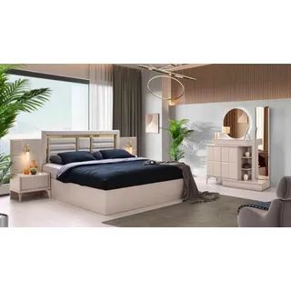 Schlafzimmer-Set 5tlg Modern Beige Farbe Bett Nachttische Schminktisch Spiegel
