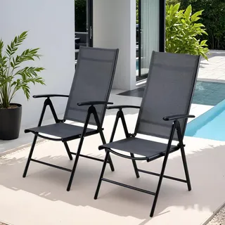 Clevich Gartenstühle Alu 2er Set, Gartenstuhl Hochlehner Klappbar mit 7-Fach Verstellbar Rückenlehne, Balkonstühle bis 120kg, Leicht Campingstühle, Ergonomisch Atmungsaktiv und komfortabel, Dunkelgrau