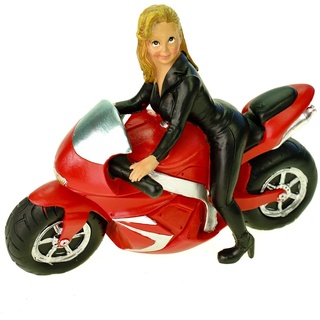 Kremers Schatzkiste Spardose Sexy Motorradfrau 21cm Handbemalte Polyresin Figur - Motorrad Geschenk - Geldgeschenk für Biker - Dekofigur 16x21x9cm - Lederoutfit