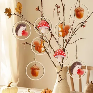 12er Herbst Dekoration Hängend Holz Anhänger, Lgel, Eichhörnchen, Tannenzapfen, Pilze und Juteseile, Doppelseitig Herbstdeko Innen Draußen zum Aufhängen, Bunte Herbstdeko Fenster, Deko Baumschmuck