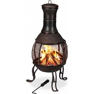Relaxdays Aztekenofen, Schürhaken, Holzrost, Funkenschutz, Garten, Terrasse, Antik Terrassenofen, Höhe 89 cm, rot-bronze - Braun