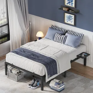 VASAGLE Bett 140 x 200 cm, mit Aufbewahrungsregalen, Doppelbett, Bettgestell aus Metall, Bettrahmen, Metallbett, einfache Montage, klassikschwarz RMB094B01