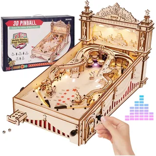 ROKR Holz Pinball Flipper Modellbausatz 3D Holzpuzzle Erwachsene Flipperautomat Tischspiel Geschenkidee für Männer Frauen