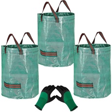 YAAVAAW 3er 272L Gartensack Mit 1 Paar Gartenhandschuhe-Gartenabfallsack aus robustem Wasserdichtes Polypropylen-Gewebe (PP) - Selbststehend und Faltbar Laubsäcke