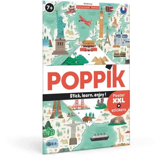 Poppik 1841167 Sticker-Poster, Weltreise, interaktives Lernposter mit Aufklebern, mehrsprachige Weltkarte, für Kinder ab 7 Jahren, 68 cm
